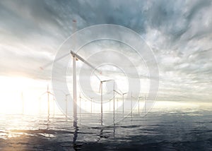 Offshore wind turbines with sunset stormy sky in background