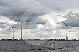 Offshore windfarm near Dutch coast with cloudy sky