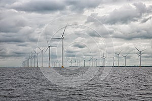 Offshore windfarm near Dutch coast with cloudy sky