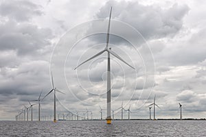 Offshore windfarm near Dutch coast with cloudy sky