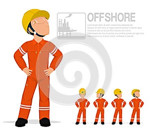 Offshore worker in jumpsuit are posing akimbo on transparent background