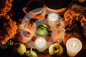 Ofrenda dÃÂ­a de muertos, Mexican Day of the dead altar, Candles in a offering Mexico