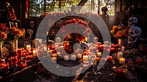 Ofrendas decorated with candles and marigold flowers in the temple photo