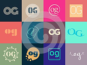 OG logo company template. Letter o and g logotype. Set different classic serif lettering and modern bold text with design elements photo