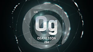 Oganesson as Element 118 of the Periodic Table 3D illustration on green background