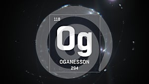 Oganesson as Element 118 of the Periodic Table 3D illustration on silver background