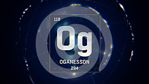 Oganesson as Element 118 of the Periodic Table 3D illustration on blue background