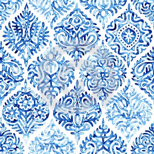 Ogee seamless pattern. White and blue watercolor illustration. Print for home textiles