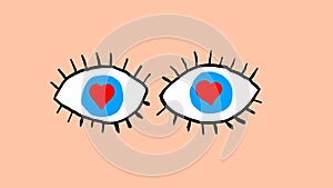 Ogle, eyes in love. Blue cartoon eyes with hearts inside.