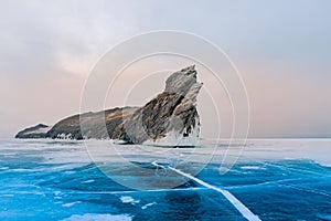 Ogoy island over Baikal froze water lake Siberia, Russia winter season