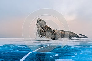 Ogoy rock over frozen water lake Baikal Russia winter season n