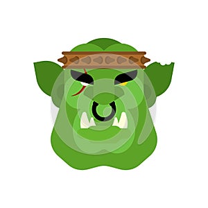 Ogre face warrior isolated. Green goblin head. Brutal Troll