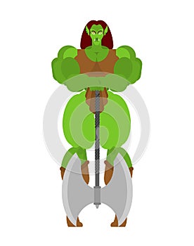 Ogre Female warrior with weapon. Green goblin woman Strong. berserk lady Troll