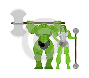 Ogre warrior Female and man. Green goblin Family Strong. berserk Troll with weapon