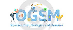 OGSM, Objectives, Goals, Strategies and Measures. Concept with people, letters and icons. Flat vector illustration