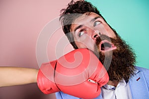 Oh no. woman boxing glove beat man. problems in relationship. sport. bearded man hipster defeated by woman. businessman