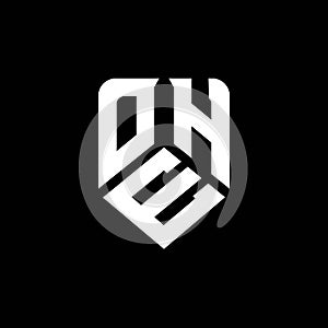 OHE abstract monogram shield logo design on white background.