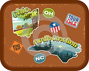 Ohio, North Carolina travel stickers with scenic attractions