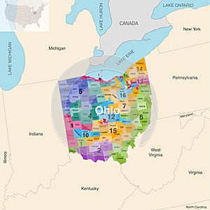 Ohio state counties colored by congressional districts vector map with neighbouring states and terrotories photo