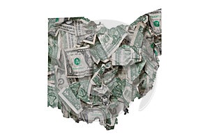 Ohio State Map Outline, Crumpled United States Dollars, Waste of Money Concept