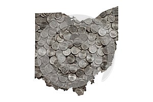 Ohio State Map Outline and Piles of Silver Shiny United States Nickels, Money Concept