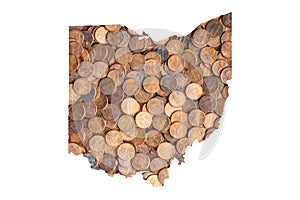 Ohio State Map Outline and United States Money Concept, Piles of One Cent Coins, Pennies