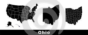 Ohio state map, USA. Set of Ohio maps with outline border, counties and US states map. Black and white color