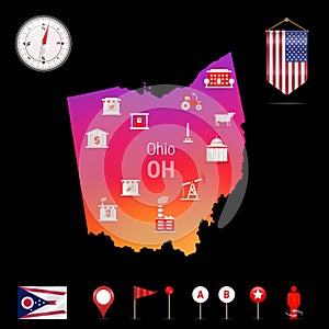Ohio Vector Map, Night View. Compass Icon, Map Navigation Elements. Pennant Flag of the USA. Industries Icons