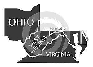Ohio - West Virginia - Virginia - Maryland - Delaware Map labelled black