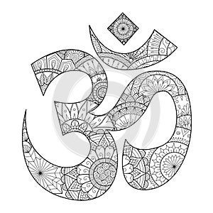 Hand drawn line art inside Ohm,Om or Aum symbol,he most sacred syllable symbol and mantra of Brahman, the Almighty God in Hinduism photo