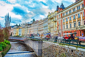 Beautiful colorful historical buildings Karlovy Vary Czech Republic
