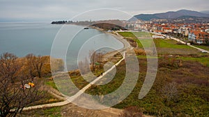 OHRID, NORTH MACEDONIA: Top view from the lake and the city of Ohrid on a cloudy day.