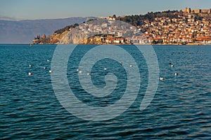 OHRID, NORTH MACEDONIA: View of the city and Lake Ohrid on a sunny day