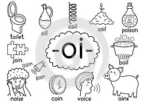 Oi digraph spelling rule black and white educational poster for kids with words