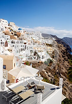 Oia, Greece - October 8, 2021:View of Oia the most beautiful village of Santorini island in Greece during summer