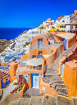 Oia, Santorini island, Greece: Classical view over in Oia with traditional and famous houses and churches over the Caldera