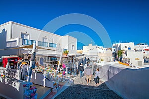 Oia town cityscape at Santorini island in Greece. Aegean sea