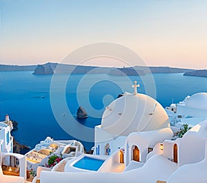 Oia town in Santorini island, Greece. Aegean coast view. Honeymoon