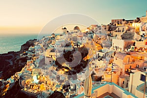 Oia town on Santorini island, Greece at sunset