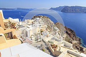 Oia village cityscape of byzantine ruinis and castillo in Santorini island