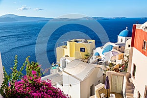 Oia village with famous white houses, Bougainvillea flower and blue dome churches on Santorini island, Aegean sea, Greece