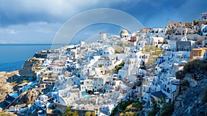Oia village, Santorini, Greece. View of traditional houses in Santorini. Small narrow streets and rooftops of houses, churches and