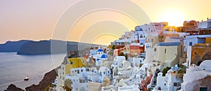 Oia village on Santorini in sunset, Greece.