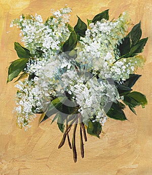Oil or acrylic painting. Floral still life. white lilac on a beige background. Impressionism