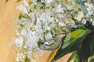 Oil or acrylic painting. Floral still life. white lilac on a beige background. Impressionism flower painting