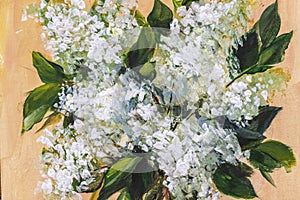 Oil or acrylic painting. Floral still life. white lilac on a beige background. Impressionism flower painting