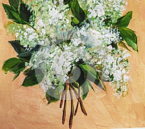 Oil or acrylic painting. Floral still life. white lilac on a beige background. Impressionism flower painting