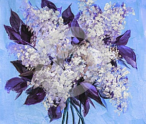 Oil or acrylic painting. Floral still life. white lilac on a beige background. Impressionism flower painting