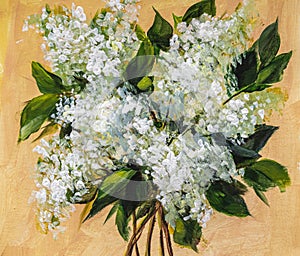 Oil or acrylic painting. Floral still life. white lilac on a beige background. Impressionism flower painting