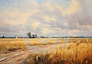 Oil art painting of country field in vintage